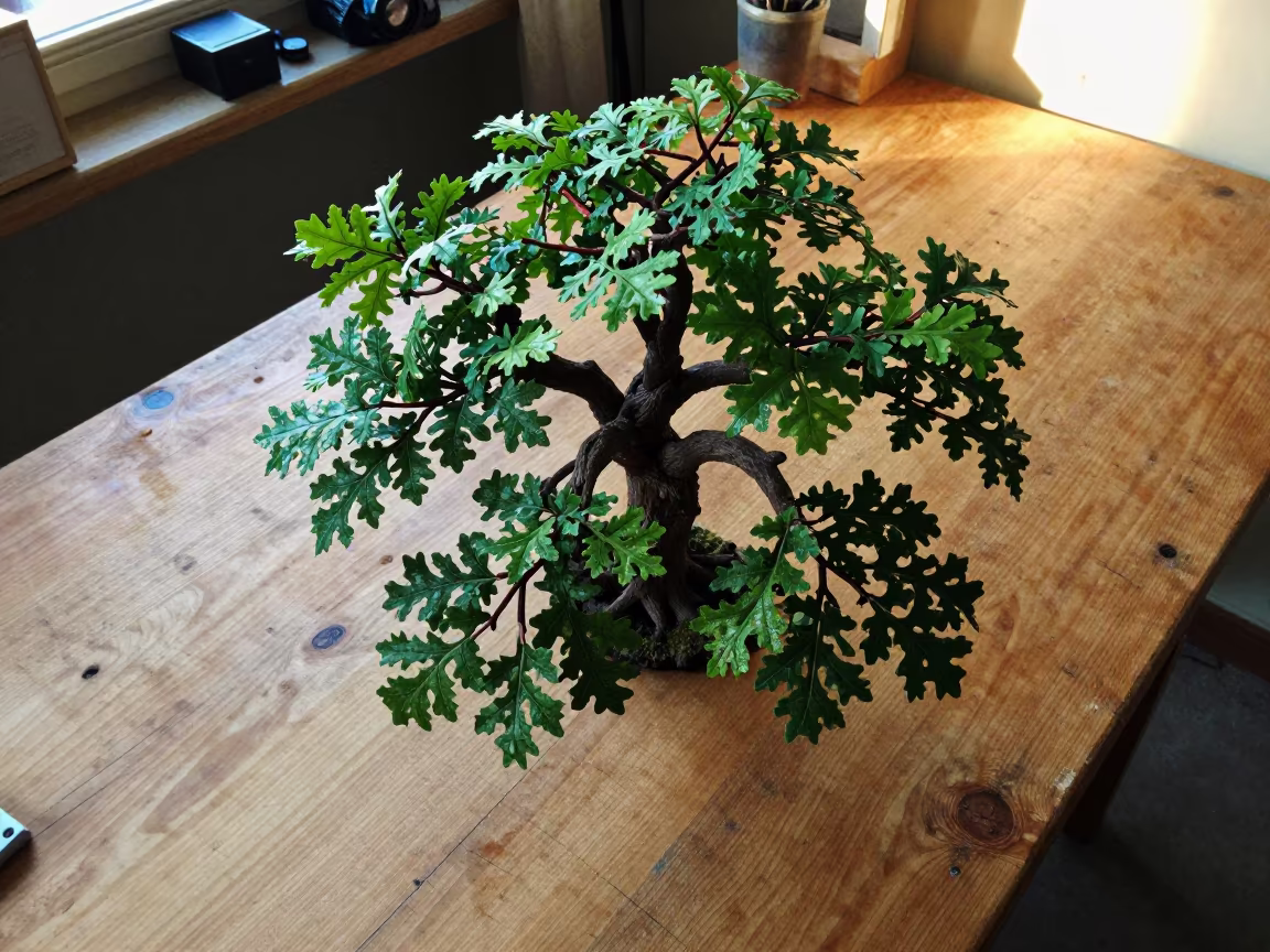 Oak Branch Model on Wooden Workbench Kamalia in on a wooden workbench near Kamalia