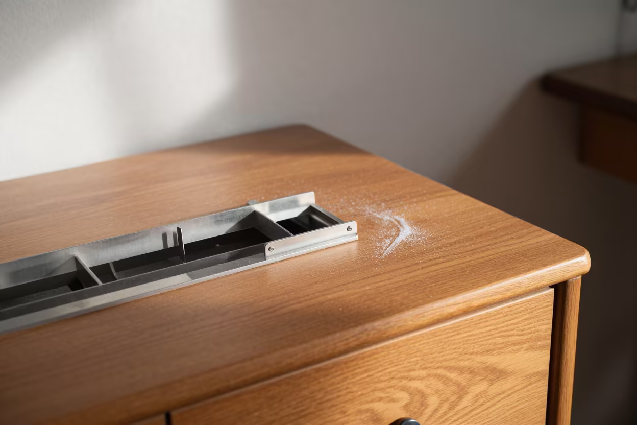 Oak Cabinet Bobbin Case Makassar Workshop in on a writing desk in Makassar