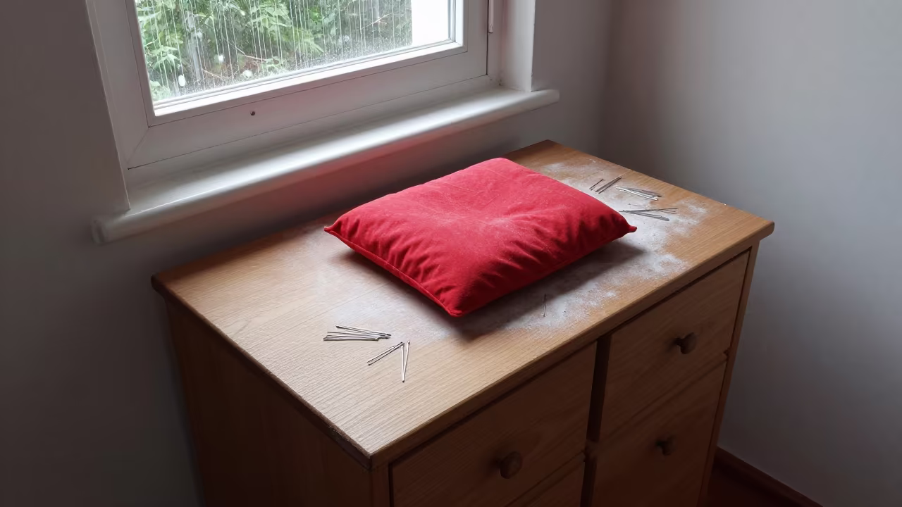 Oak Sewing Cabinet Pincushion Monsoon Light in on a wooden workbench in San-Pédro