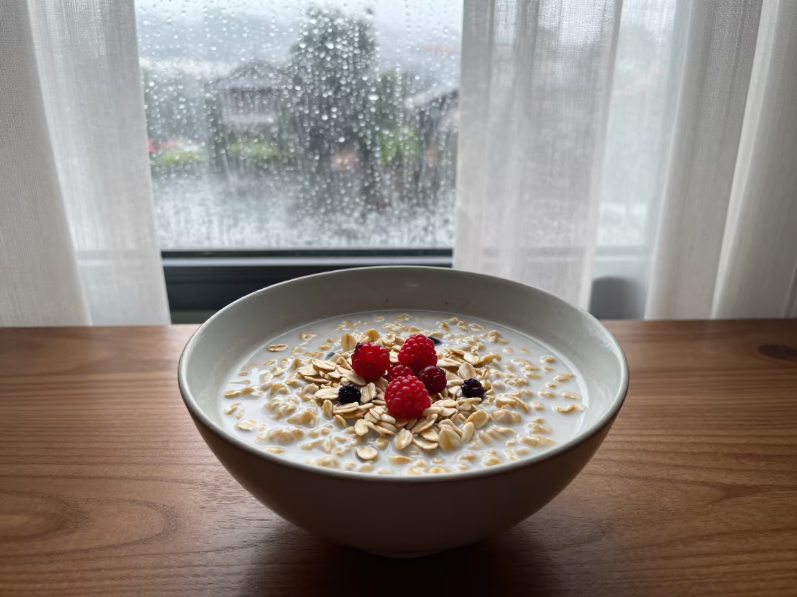 Oatmeal with Berries on Bedside Table Chengdu Monsoon in on a bedside table in Chengdu