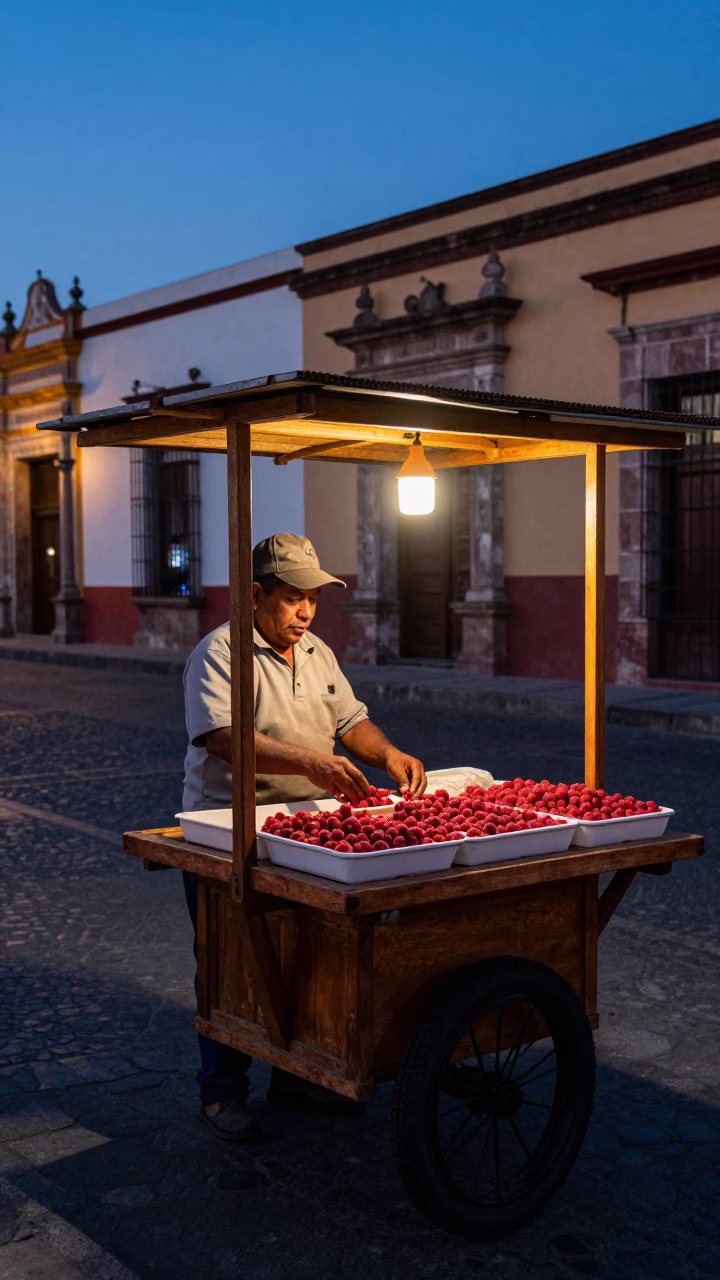 Oaxaca Blue Hour Street Scene with Vendor and Local Architecture in in Oaxaca, Mexico