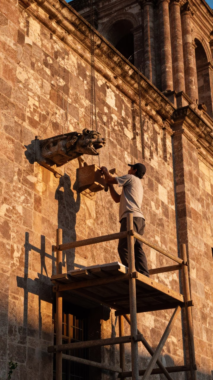 Oaxaca Cathedral Construction at Sunset Stonemason Chiseling Gargoyle on Scaffold in in Oaxaca, Mexico
