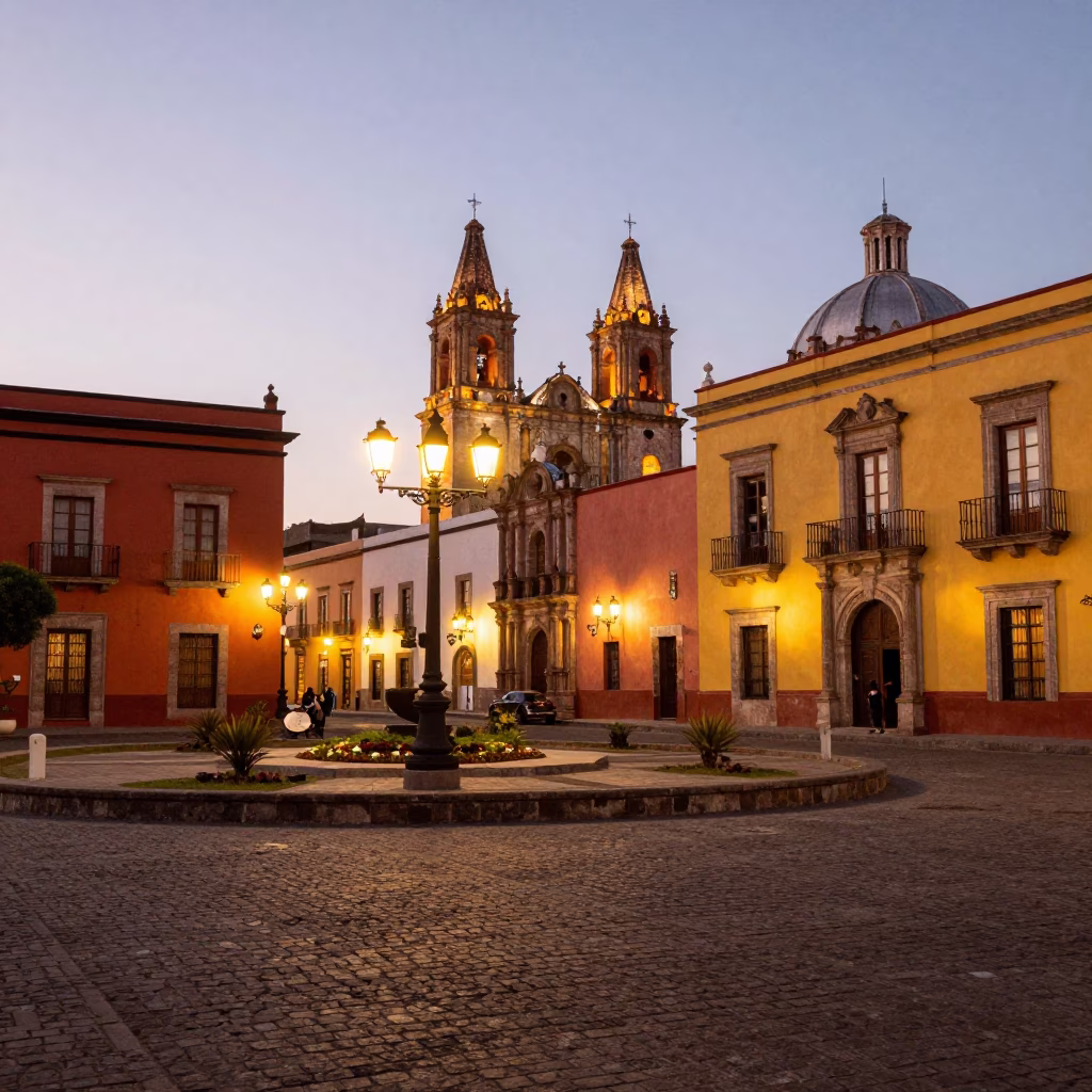 Oaxaca City Evening Street Scene with Colorful Plaza and Warm Lighting in in Oaxaca, Mexico