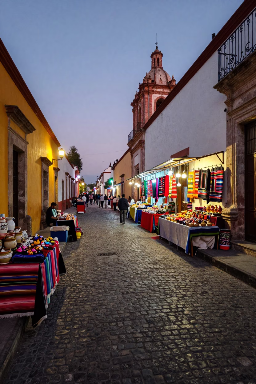Oaxaca City Street Scene at Dusk with Colorful Market Stalls and Warm Electric Lights in in Oaxaca, Mexico