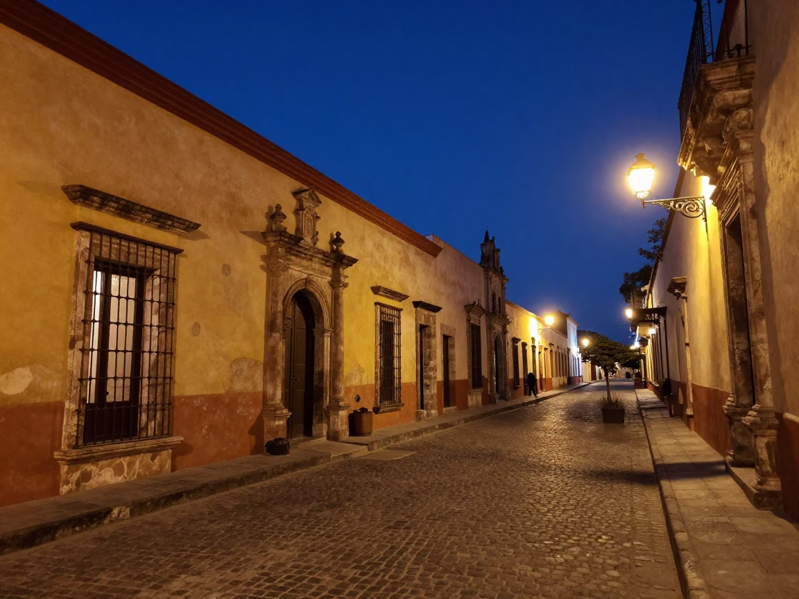 Oaxaca Colonial Architecture And Night Ambiance at Midnight Light in in Oaxaca, Mexico
