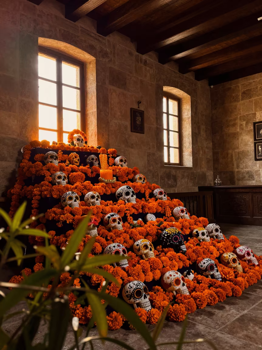 Oaxaca Day of the Dead Altar Marigolds in in a prayer hall in Oaxaca