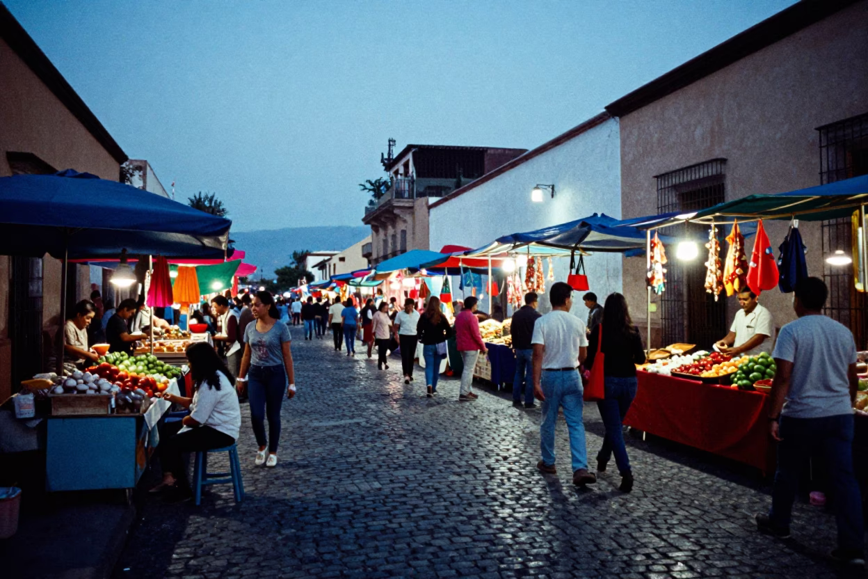 Oaxaca Evening Street Scene with Colorful Market Stalls and Traditional Architecture in in Oaxaca, Mexico