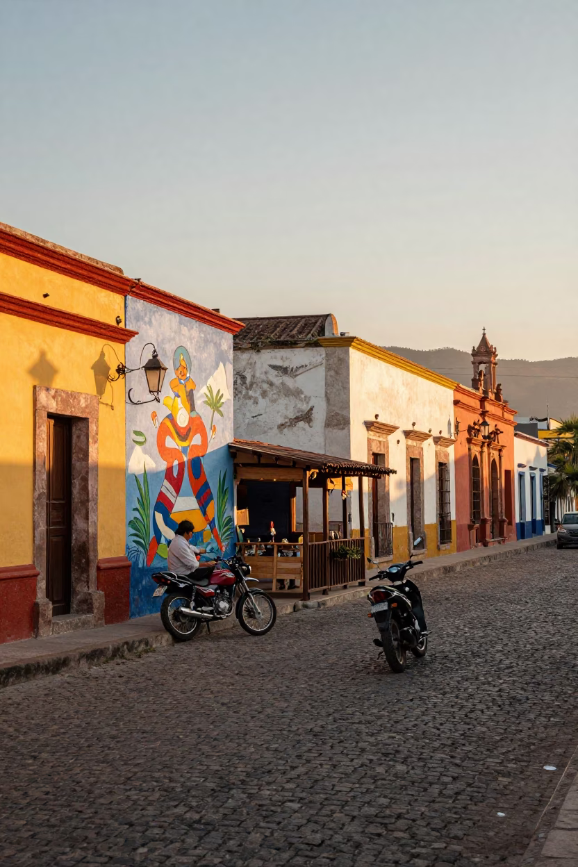 Oaxaca Golden Hour Street Scene with Motorcycle and Mural Artist in in Oaxaca, Mexico
