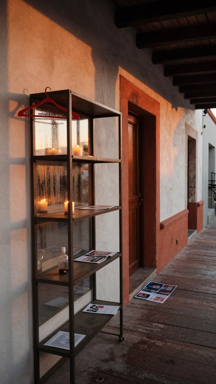 Oaxaca Hotel DND Shelf at Sunset in in a quiet guest corridor in Oaxaca