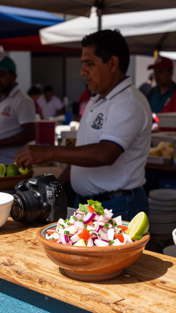 Oaxaca Market Stall Midday with Ceviche Bowl and Lime Garnish in in Oaxaca, Mexico