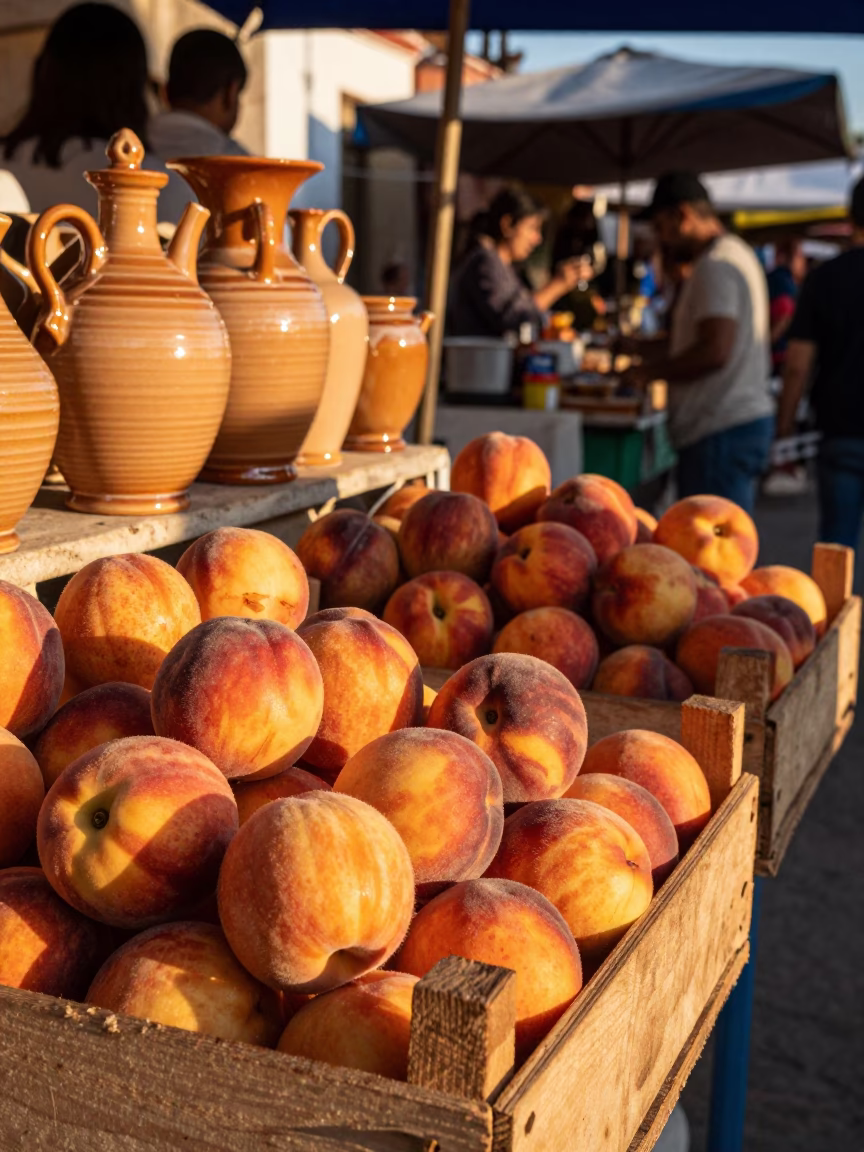 Oaxaca Market Stall with Glazed Ceramics and Nectarines in Evening Light in in Oaxaca, Mexico