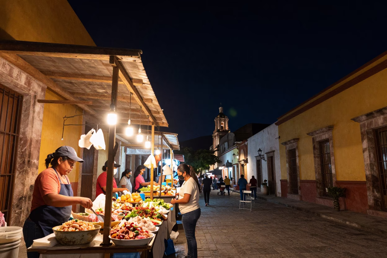 Oaxaca Market Stalls at The Deepest Night Sky Light in in Oaxaca, Mexico