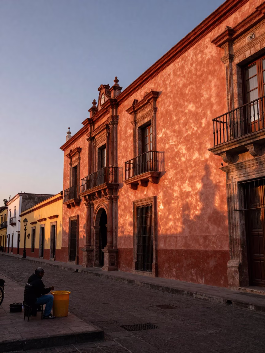 Oaxaca Mexico before dusk copper light adobe architecture and street scene in in Oaxaca, Mexico