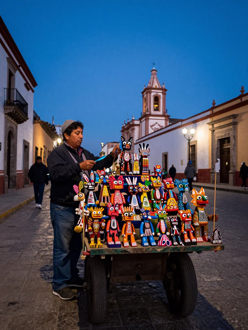 Oaxaca Mexico Blue Hour Street Scene with Alebrijes Carver and Colorful Wooden Jaguar in in Oaxaca, Mexico