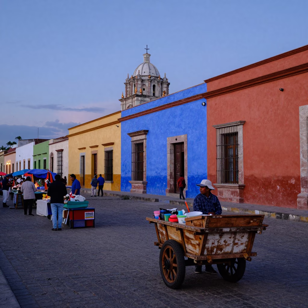 Oaxaca Mexico Blue Hour Street Scene with Colorful Market Stalls and Local Life in in Oaxaca, Mexico