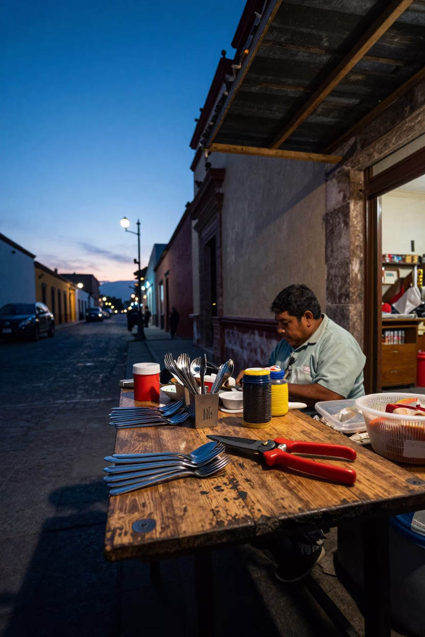 Oaxaca Mexico Blue Hour Street Scene with Cutlery and Pruning Shears on Market Table in in Oaxaca, Mexico