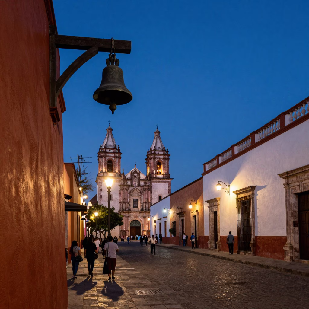 Oaxaca Mexico Blue Hour Street Scene with Hanging Bell and Colonial Architecture in in Oaxaca, Mexico
