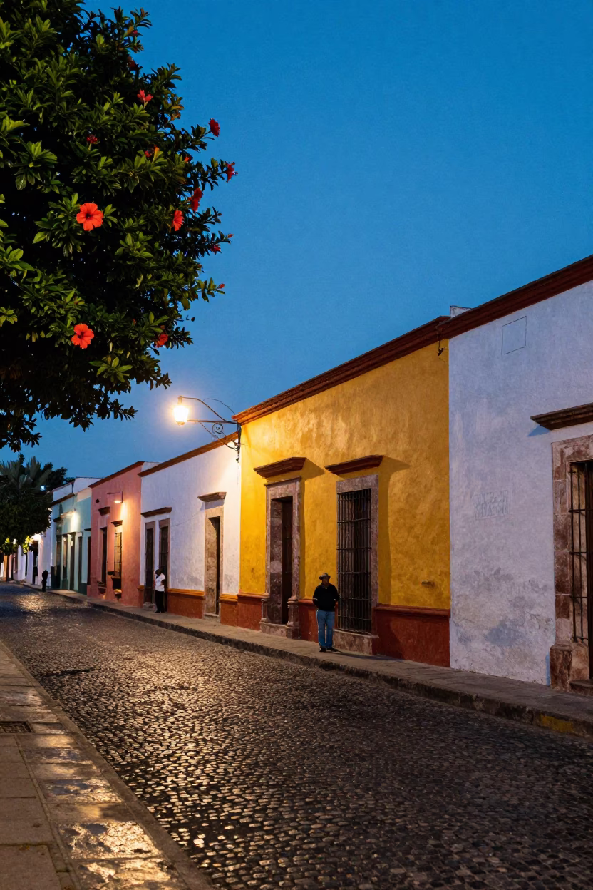 Oaxaca Mexico Blue Hour Street Scene with Hibiscus Flower and Colorful Facades in in Oaxaca, Mexico