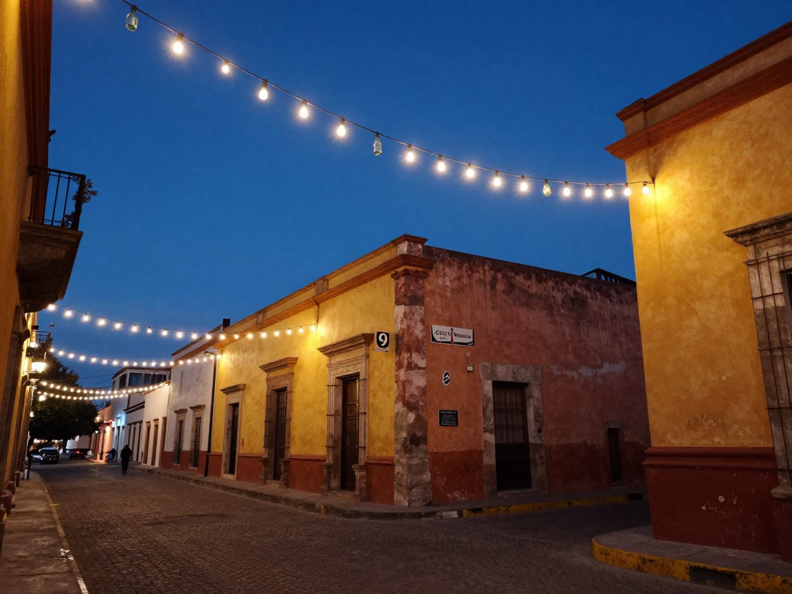 Oaxaca Mexico Blue Hour Street Scene with String Lights and Glass Bottles in in Oaxaca, Mexico