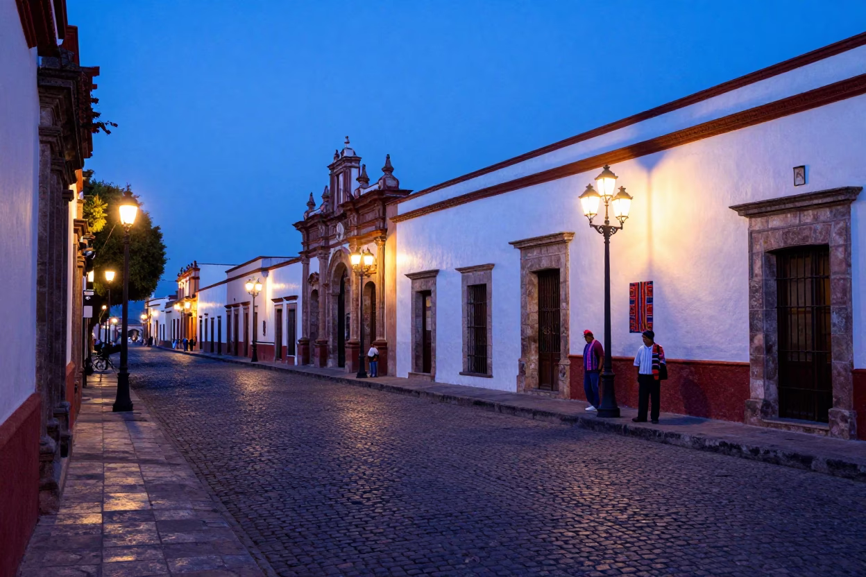 Oaxaca Mexico Blue Hour Street Scene with Traditional Textiles and Cobblestone Plaza in in Oaxaca, Mexico