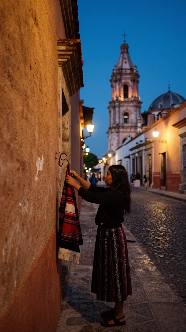 Oaxaca Mexico Blue Hour Street Scene With Vintage Fashion And Local Life in in Oaxaca, Mexico