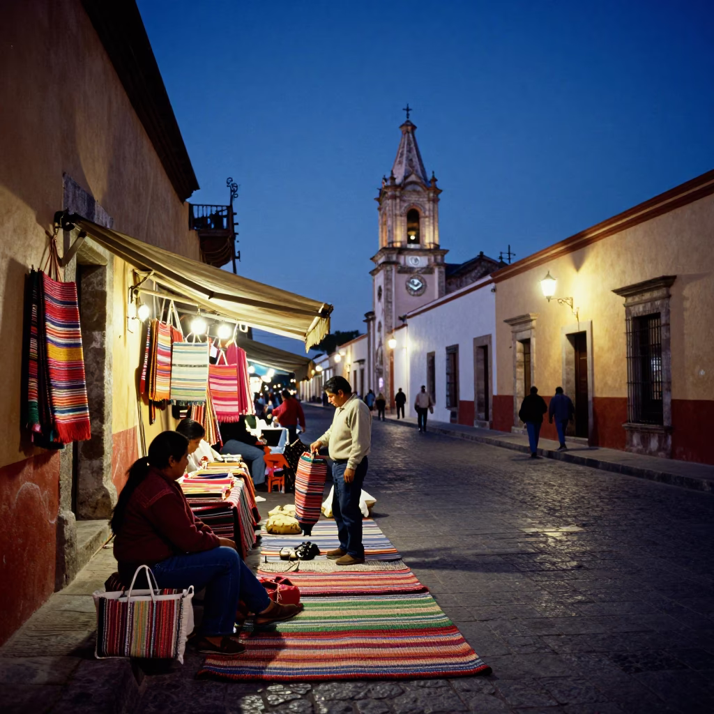 Oaxaca Mexico Blue Hour Street Scene with Woven Mats and Local Market Activity in in Oaxaca, Mexico