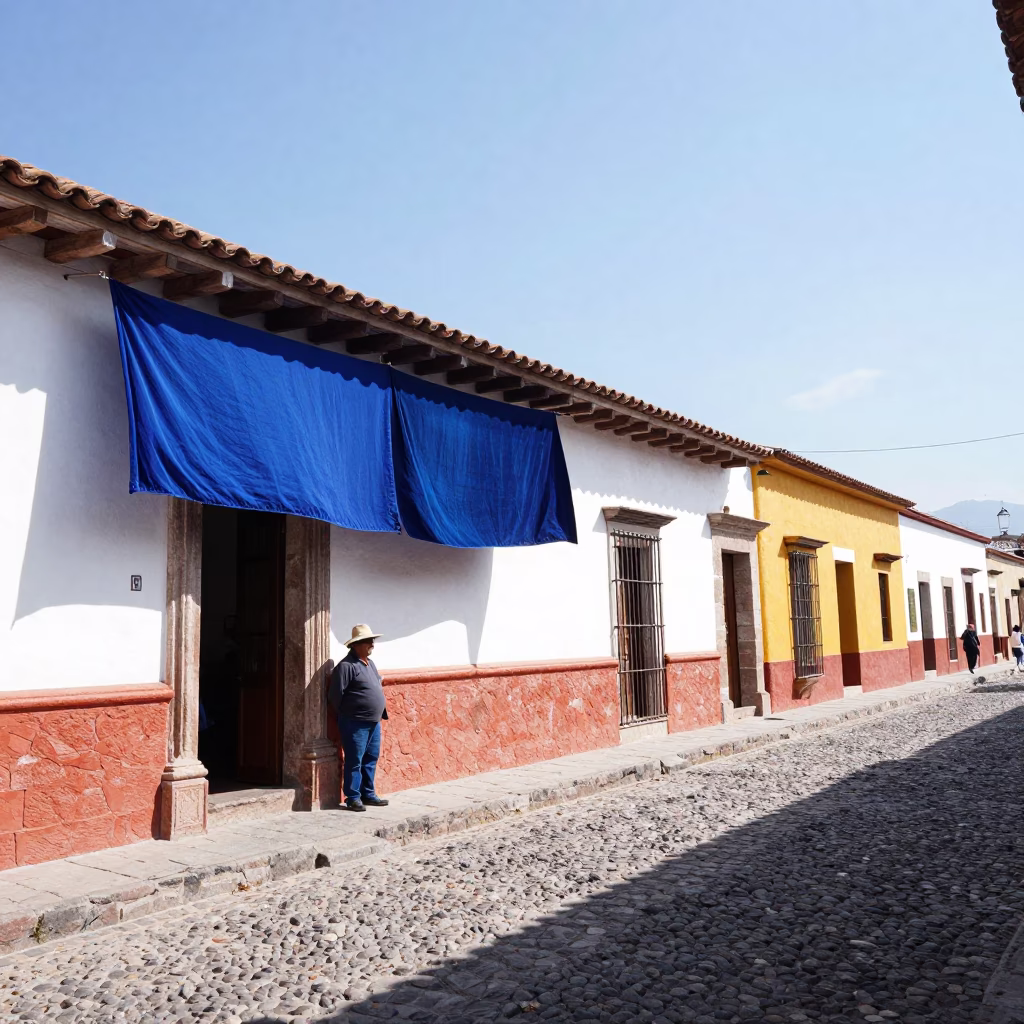 Oaxaca Mexico Bright Midmorning Street Scene with Indigo Fabric and Wicker Basket in in Oaxaca, Mexico
