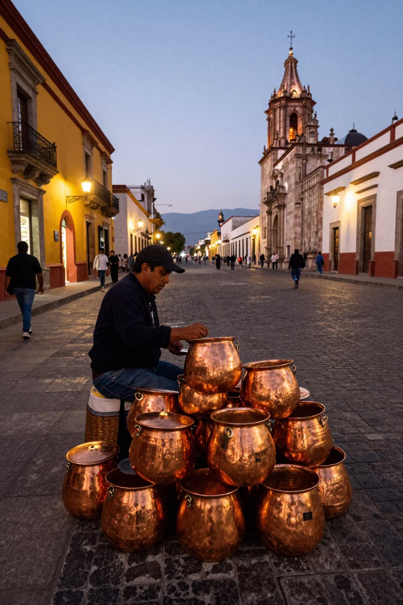 Oaxaca Mexico City Lights Glow Evening Copper Pots Market Street Scene in in Oaxaca, Mexico