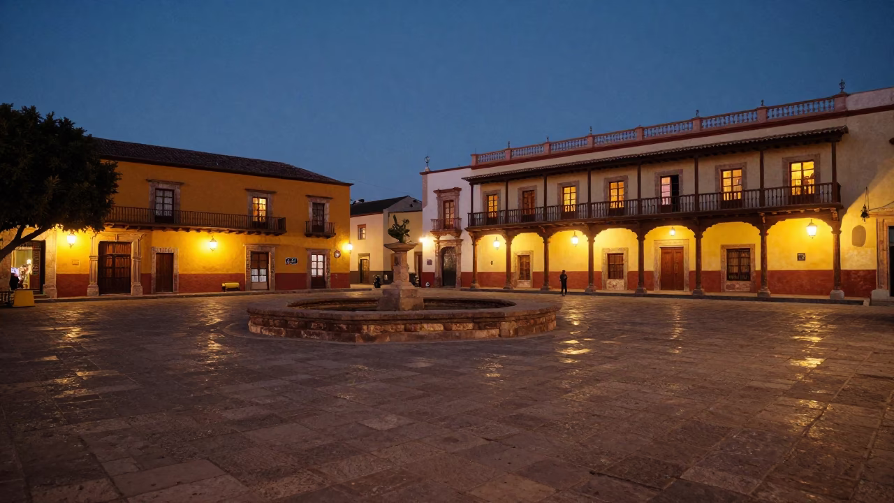 Oaxaca Mexico City Lights Glow Historic Plaza Evening Street Scene in in Oaxaca, Mexico