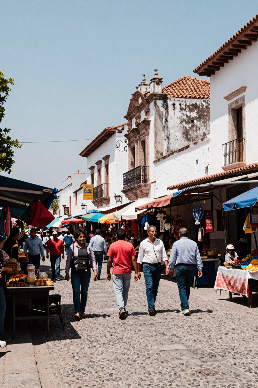 Oaxaca Mexico City Street Scene Bright Midmorning Light Traditional Market Atmosphere in in Oaxaca, Mexico
