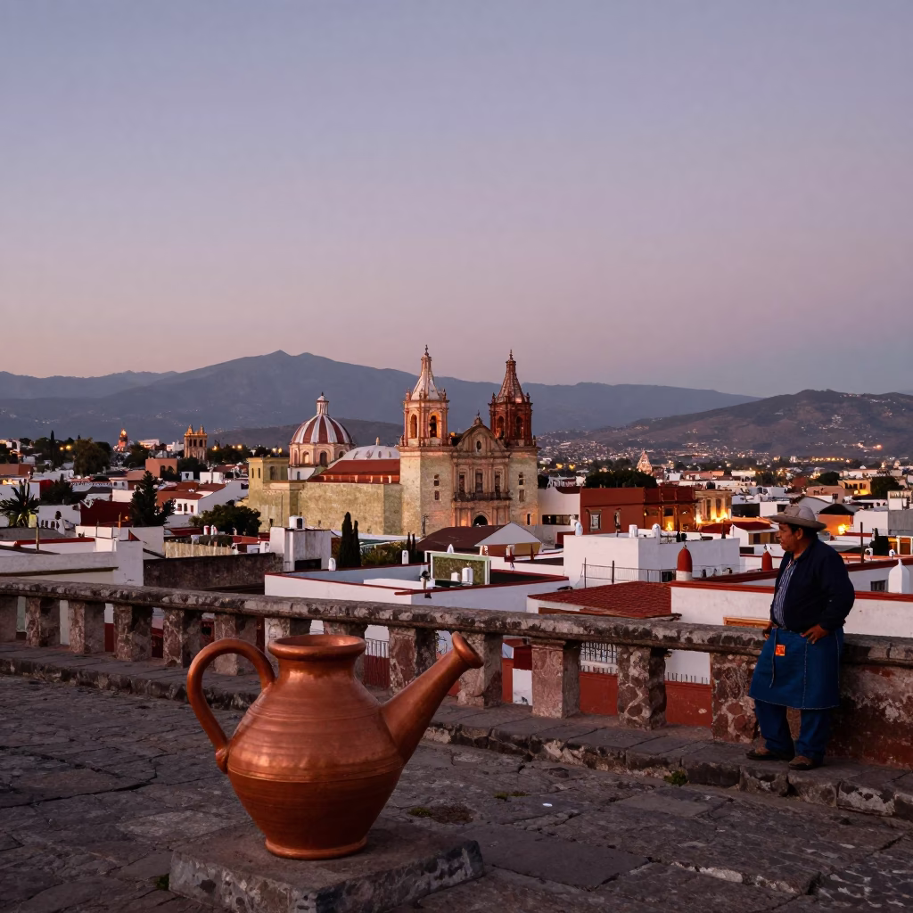 Oaxaca Mexico Cityscape Before Dusk with Traditional Clay Watering Can and Cobblestone Street in in Oaxaca, Mexico