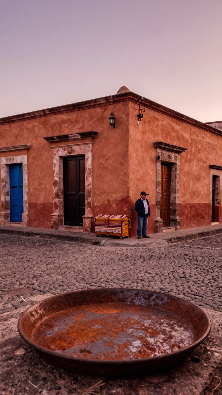 Oaxaca Mexico Copper Dusk Street Scene with Rusty Tray and Blanket Chest in in Oaxaca, Mexico