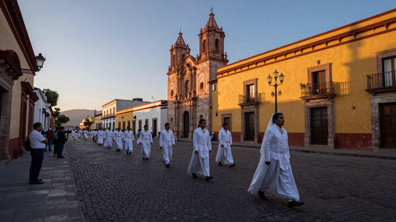 Oaxaca Mexico Dawn Street Scene with Traditional Wedding Procession Passing Colorful Colonial Buildings in in Oaxaca, Mexico
