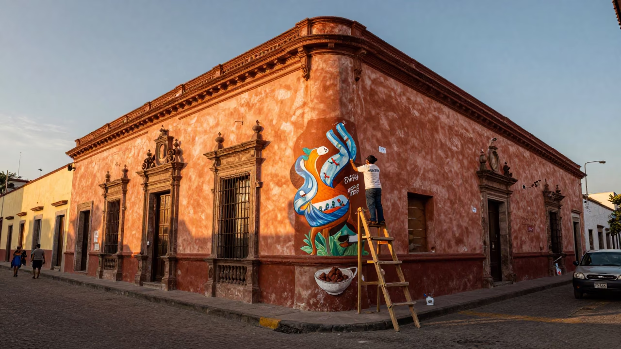 Oaxaca Mexico Dusk Street Scene with Muralist Painting and Clay Comal Cooking in in Oaxaca, Mexico