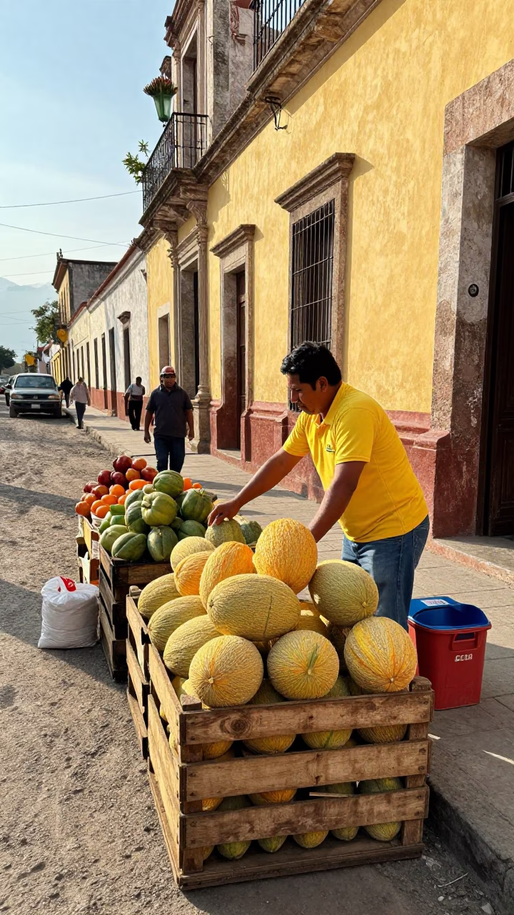 Oaxaca Mexico Early Afternoon Street Scene with Melons and Local Market Activity in in Oaxaca, Mexico
