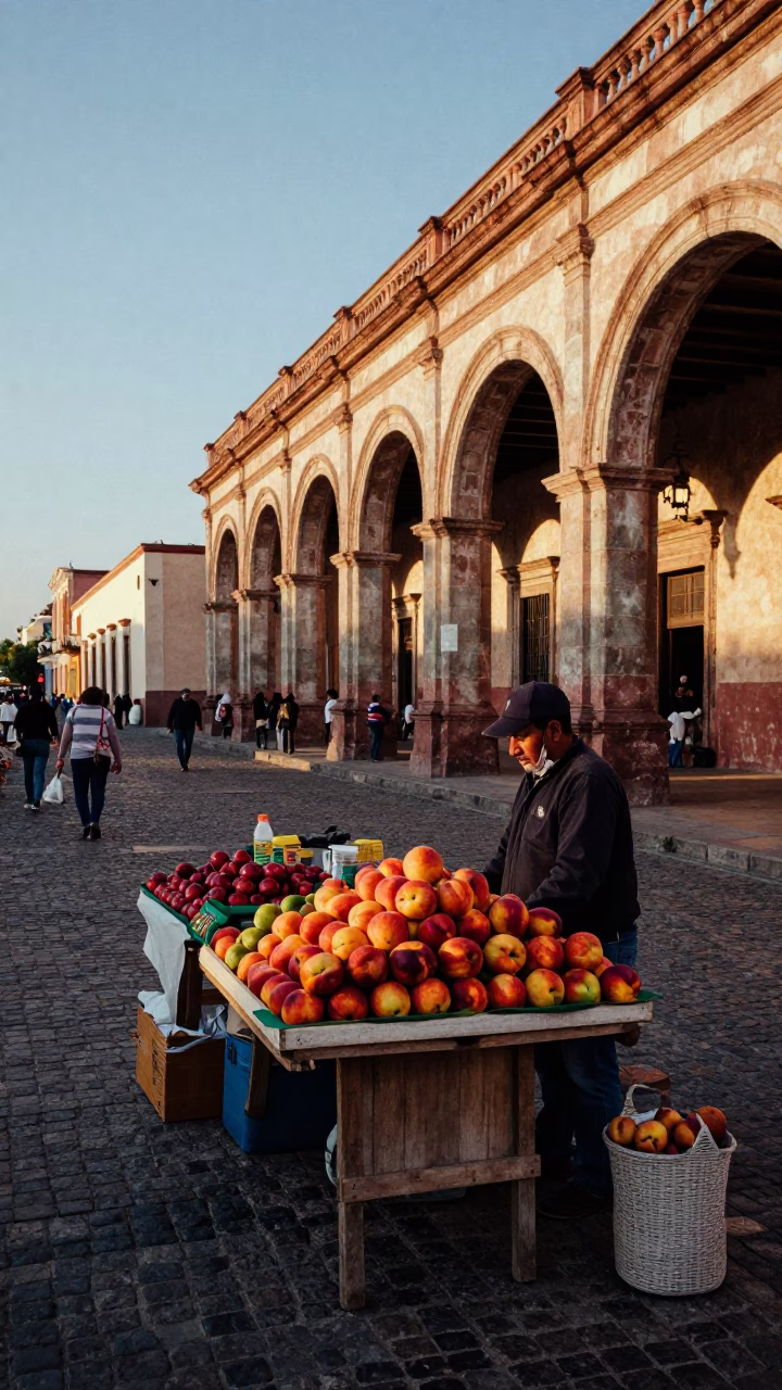Oaxaca Mexico Early Evening Street Scene with Colorful Market Goods and Traditional Architecture in in Oaxaca, Mexico