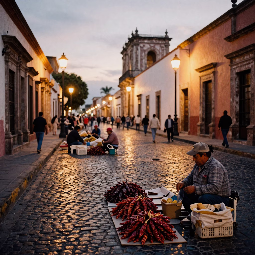 Oaxaca Mexico Early Evening Street Scene with Local Market Activity and Traditional Architecture in in Oaxaca, Mexico