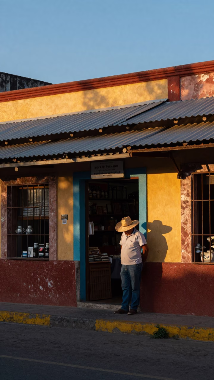 Oaxaca Mexico Early Evening Street Scene with Straw Hat and Woven Basket in in Oaxaca, Mexico