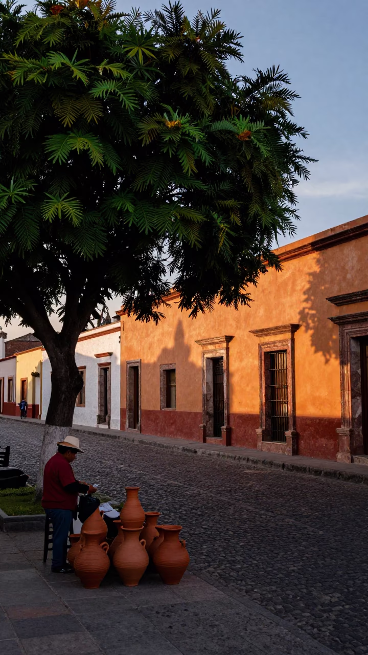 Oaxaca Mexico early evening street scene with tamarind tree and traditional pottery in in Oaxaca, Mexico