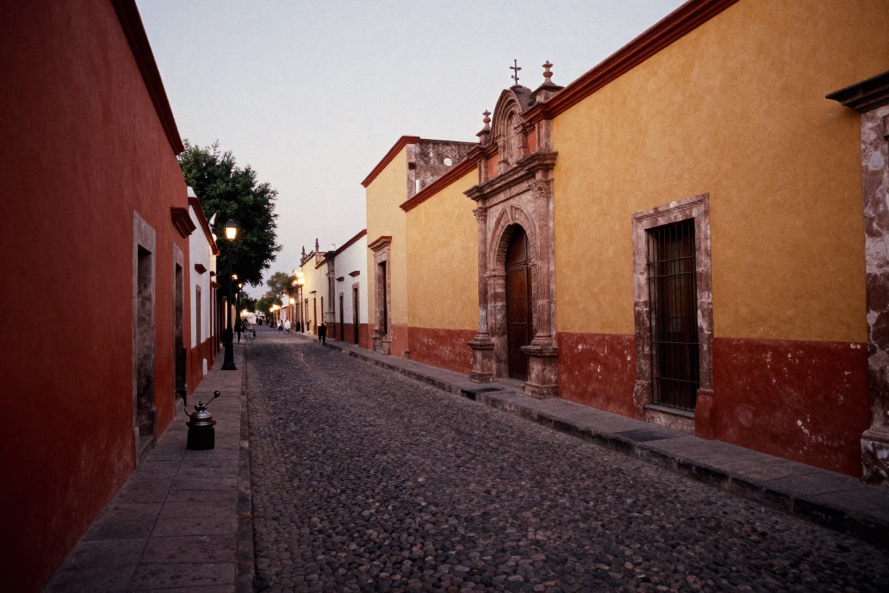 Oaxaca Mexico Early Evening Street Scene with Vintage Coffee Grinder and Local Market Activity in in Oaxaca, Mexico