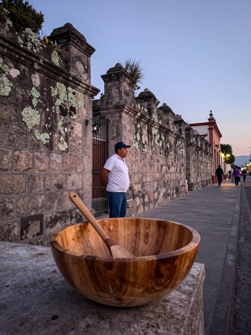 Oaxaca Mexico Early Evening Street Scene with Wooden Mixing Bowl and Lichen Parapets in in Oaxaca, Mexico