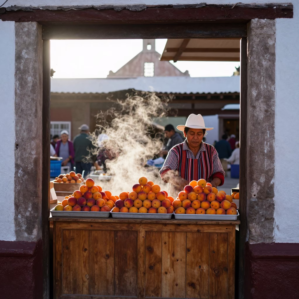 Oaxaca Mexico Early Morning Market Scene with Apricots and Traditional Bakery Interior in in Oaxaca, Mexico