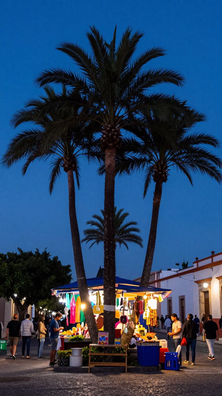Oaxaca Mexico Evening Blue Hour Date Palm Clusters and Street Life in in Oaxaca, Mexico