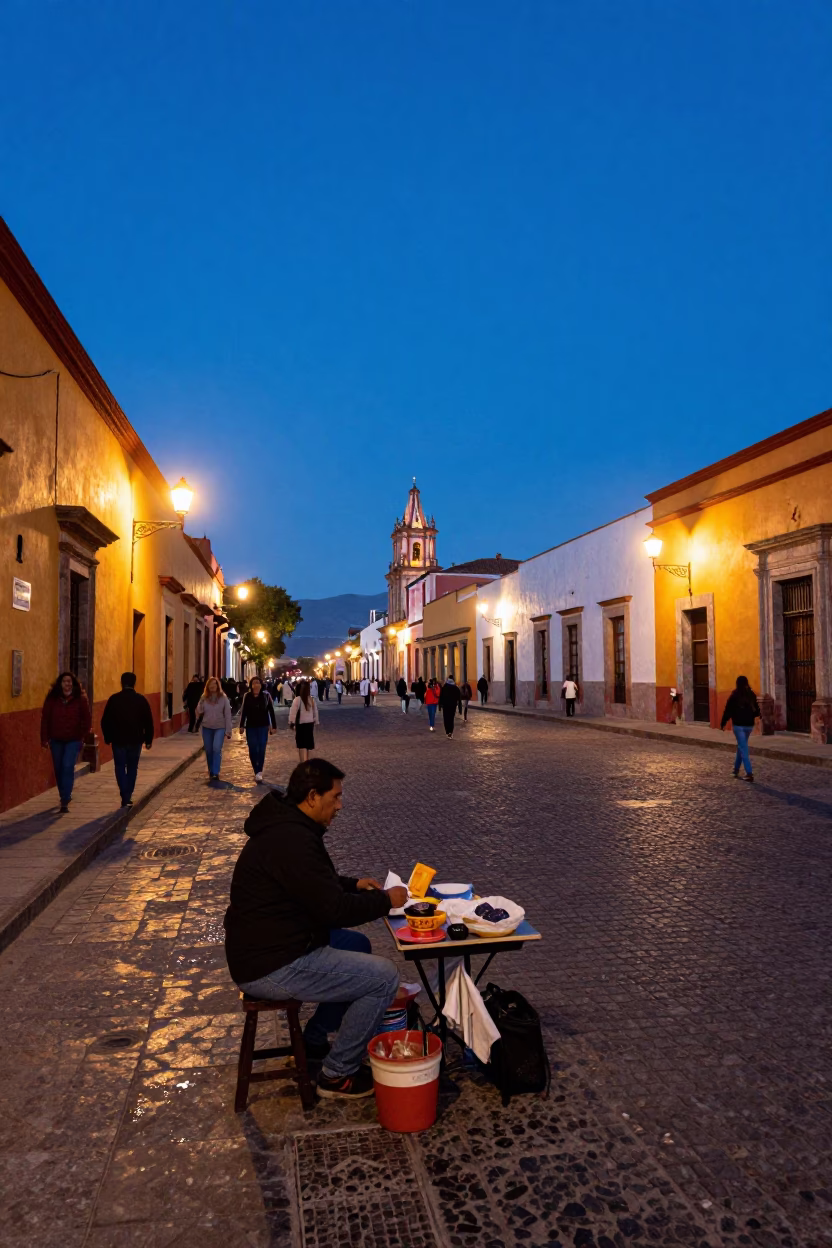 Oaxaca Mexico Evening Blue Hour Street Scene with Local Vendor and Vintage Sports Car in in Oaxaca, Mexico