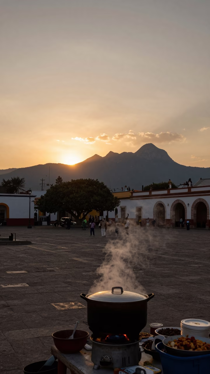 Oaxaca Mexico Evening Horizon Shot with Cooking Pot and Local Market Life in in Oaxaca, Mexico