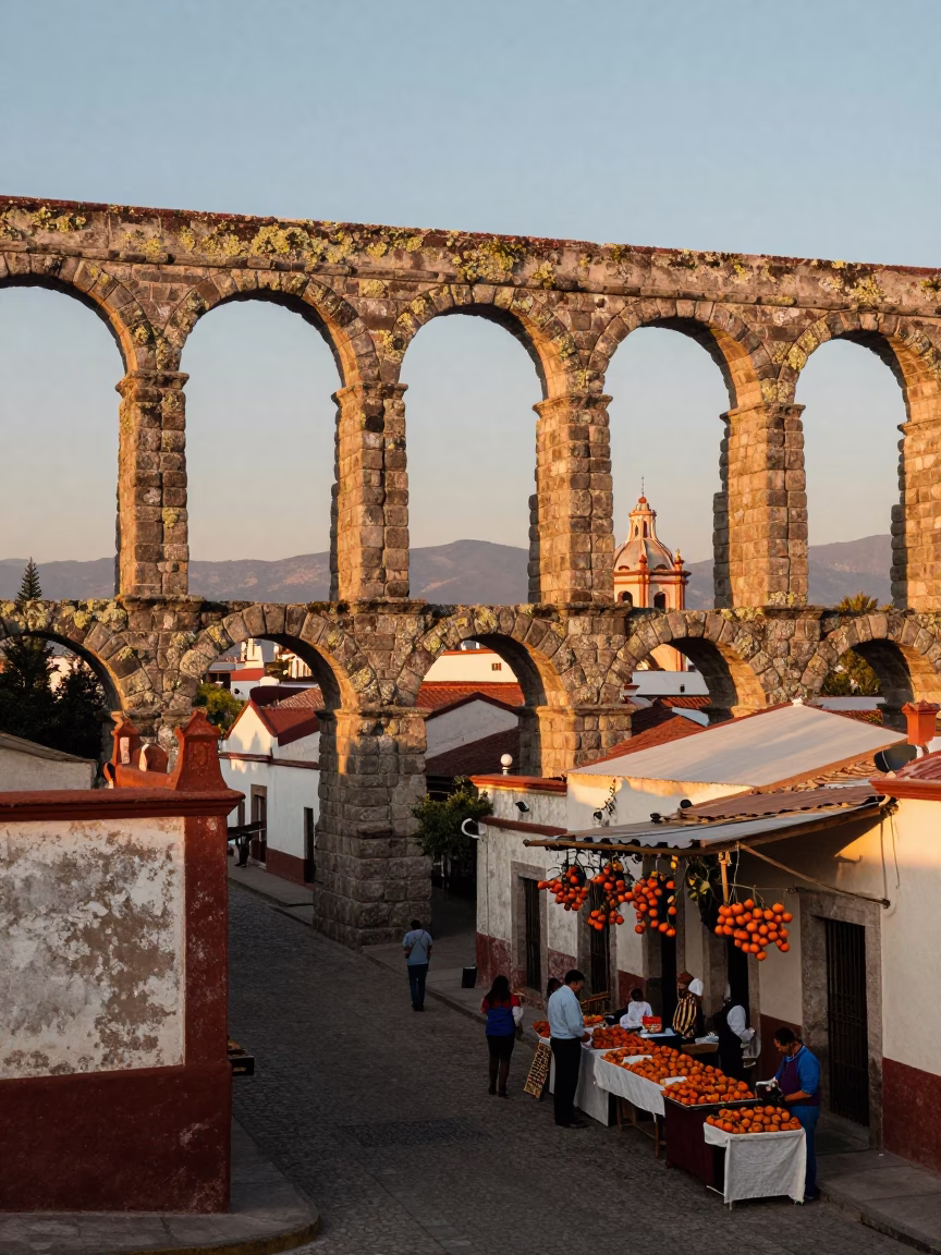 Oaxaca Mexico Evening Light Aqueduct Lichen Parapets and Market Persimmons in in Oaxaca, Mexico