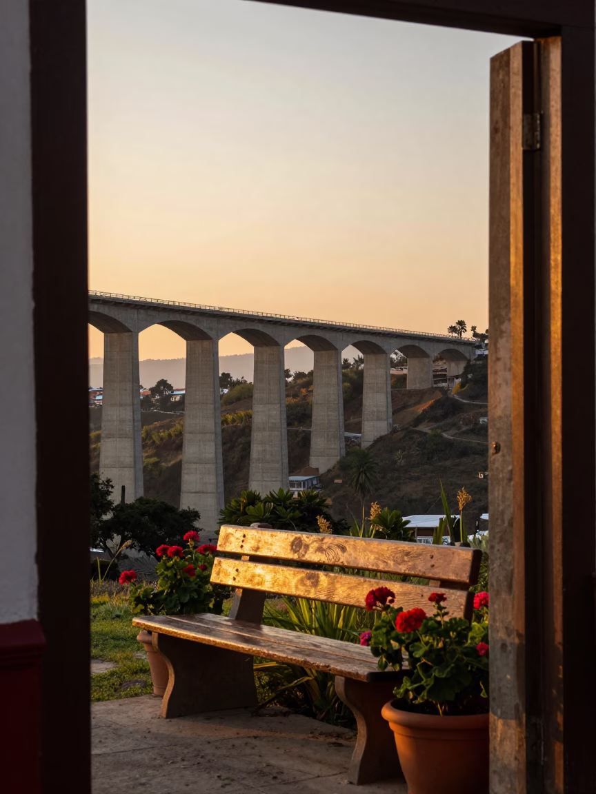 Oaxaca Mexico Evening Light Concrete Viaduct and Potted Geraniums in in Oaxaca, Mexico