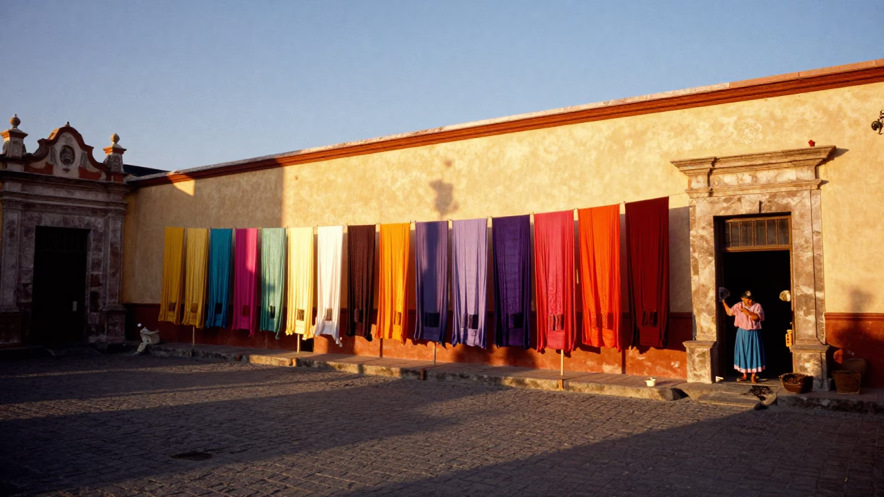 Oaxaca Mexico Evening Light Silk Dyeing Workshop Hanging Fabric and Storage Tins in in Oaxaca, Mexico