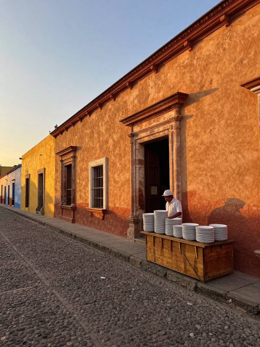 Oaxaca Mexico Evening Light Street Scene with Stacked Plates and Scratches on Doorframe in in Oaxaca, Mexico