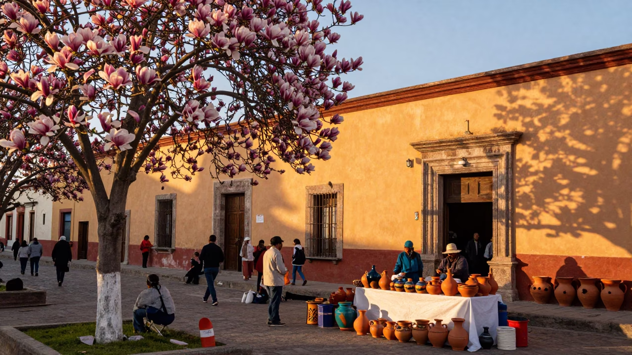 Oaxaca Mexico Evening Market Scene with Magnolia Bloom and Traditional Pottery in in Oaxaca, Mexico